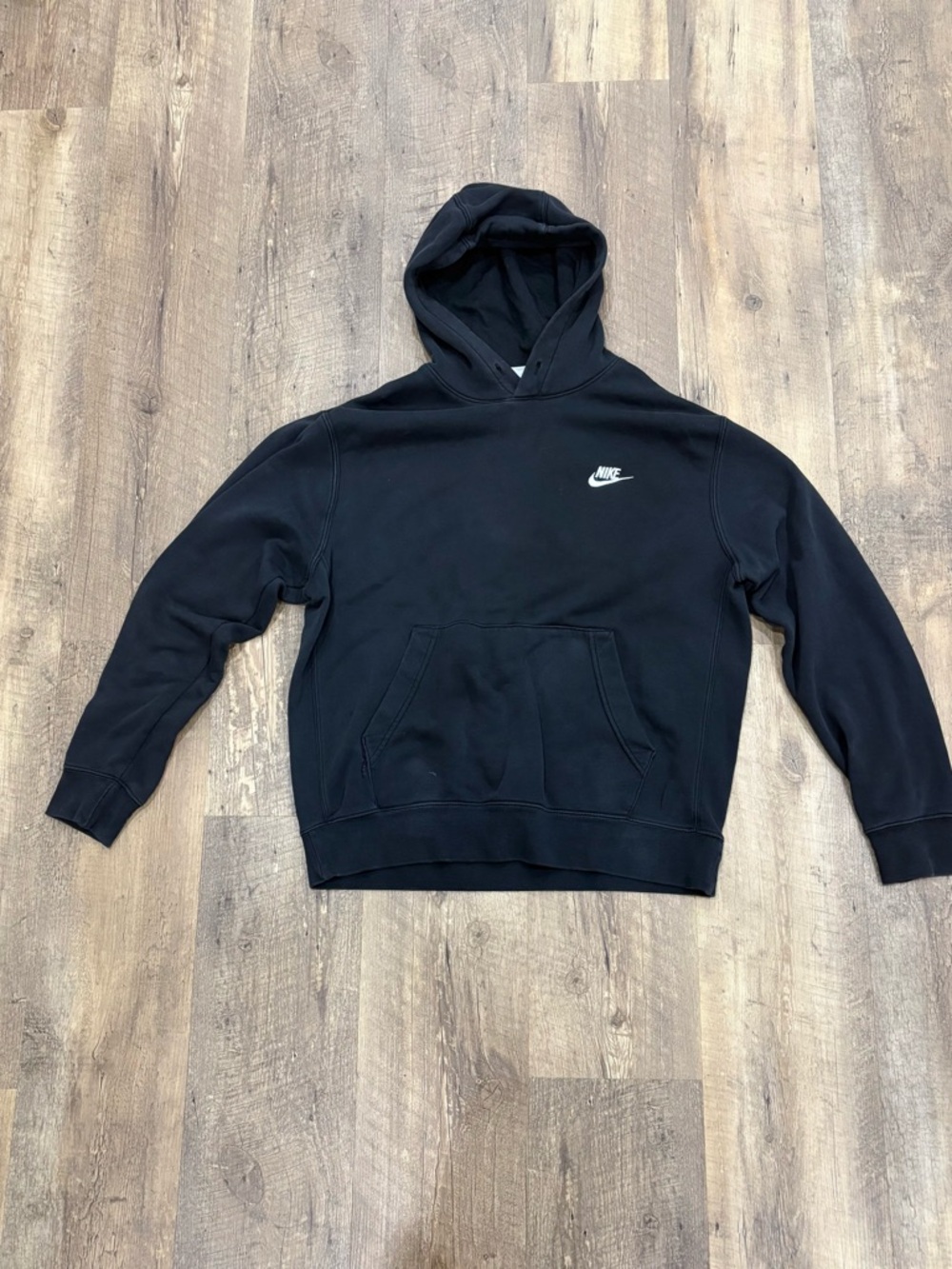 Vintage Nike Black Men's Hooded Sweatshirt with Small White Logo